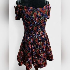 Vintage Roberta Velvet Floral Dress Off-Shoulder Bow Sleeves Party Prom 9/10
